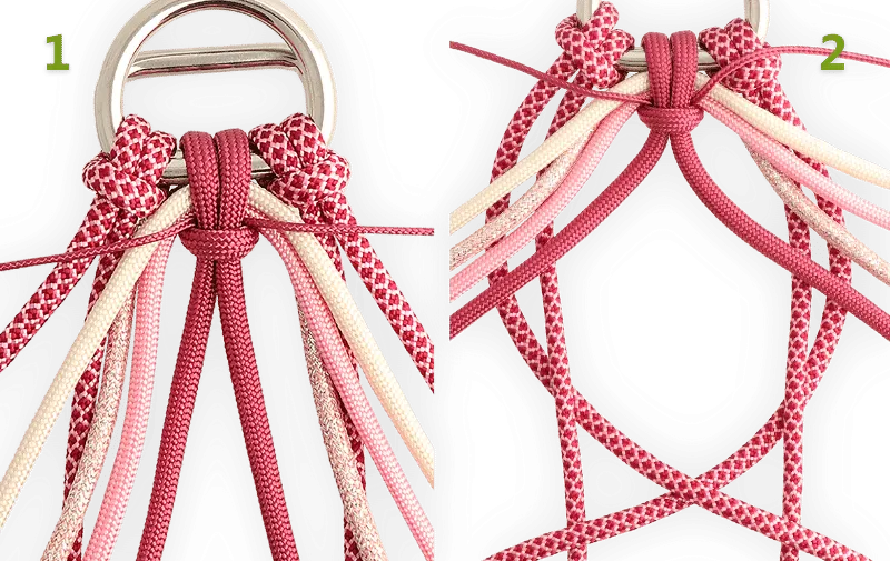 Etapes 1 et 2 de réaliser le nœud valentin avec toutes les cordes ajoutées