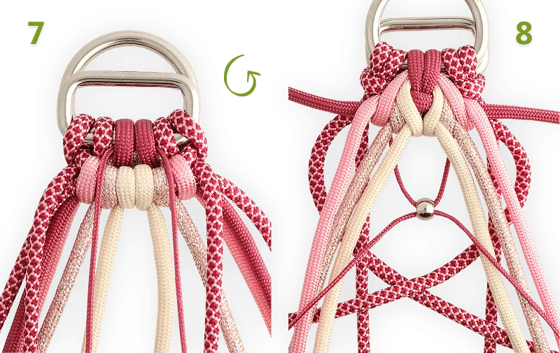 Micro-cordon à l'arrière et ajout de la première perle aux étapes 7 et 8 de la réalisation du nœud de valentin