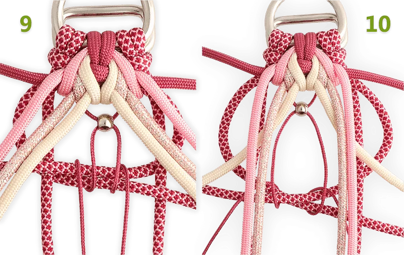 Etapes 9 et 10 Continuer le noeud après avoir enfilé la première perle sur le micro cordon
