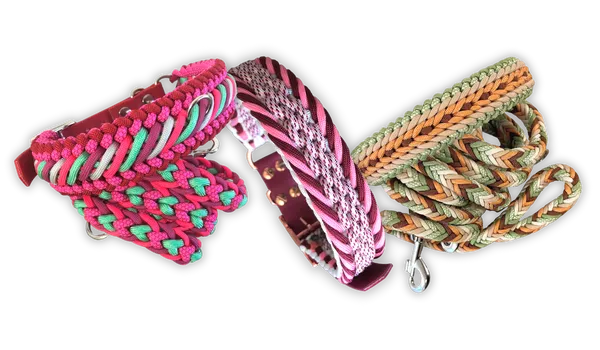 Différentes laisses et colliers en paracorde de différentes couleurs